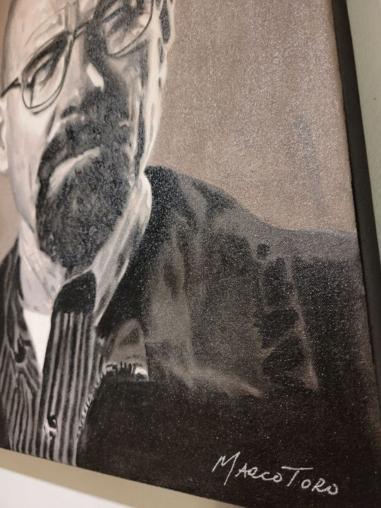 Oil painting portrait of Walter White, the iconic character from Breaking Bad, with a serious expression, bald head, glasses, and goatee, wearing a jacket and striped shirt, painted in grayscale tones.
