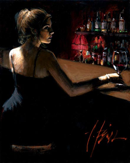 fabian perez girl at bar with red light