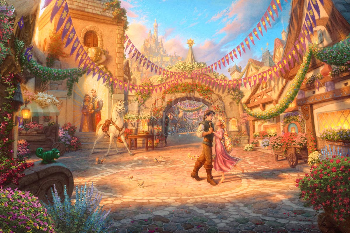 thomas kinkade rapunzel dancing in the sunlit courtyard