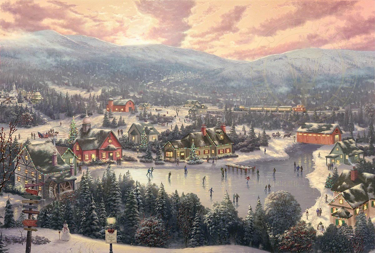 thomas kinkade sunset on snowflake lake